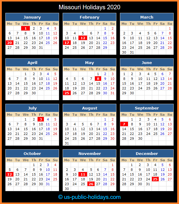 Missouri Holiday Calendar 2020